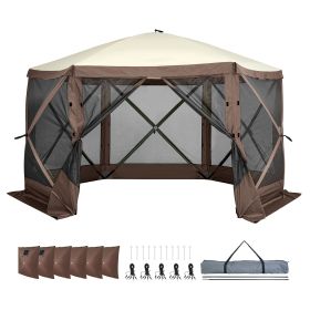 Pop Up Gazebo Tent, Pop-Up Screen Tent 6 Sided Canopy Sun Shelter with 6 Removable Privacy Wind Cloths & Mesh Windows (Item Size: 12.5 x 12.5 ft, Color: Brown)